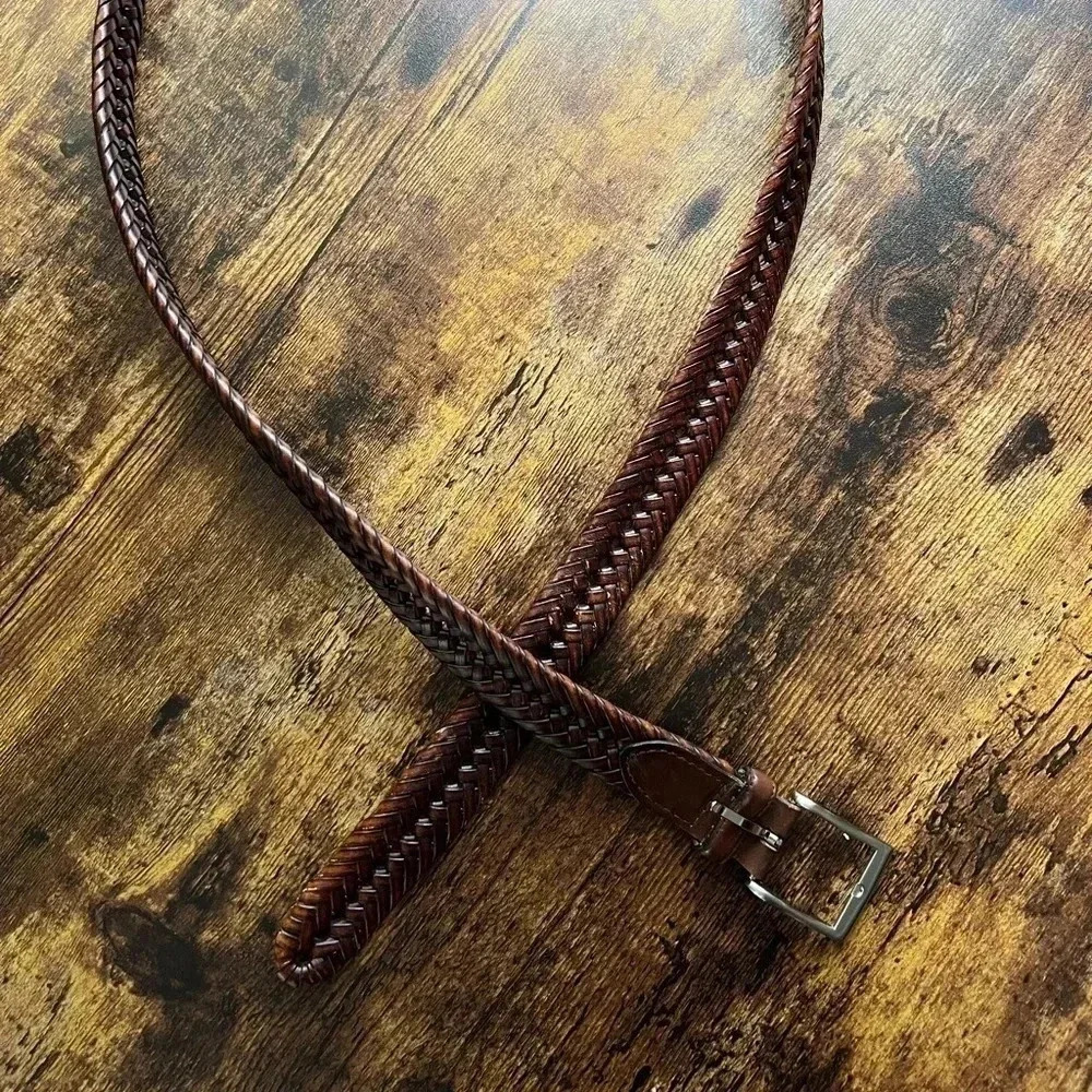 Mens brown woven belt with silver buckle